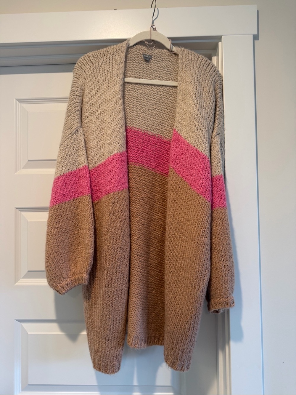 aerie Pink/Beige/Tan Open-Front Colorblock Cardigan